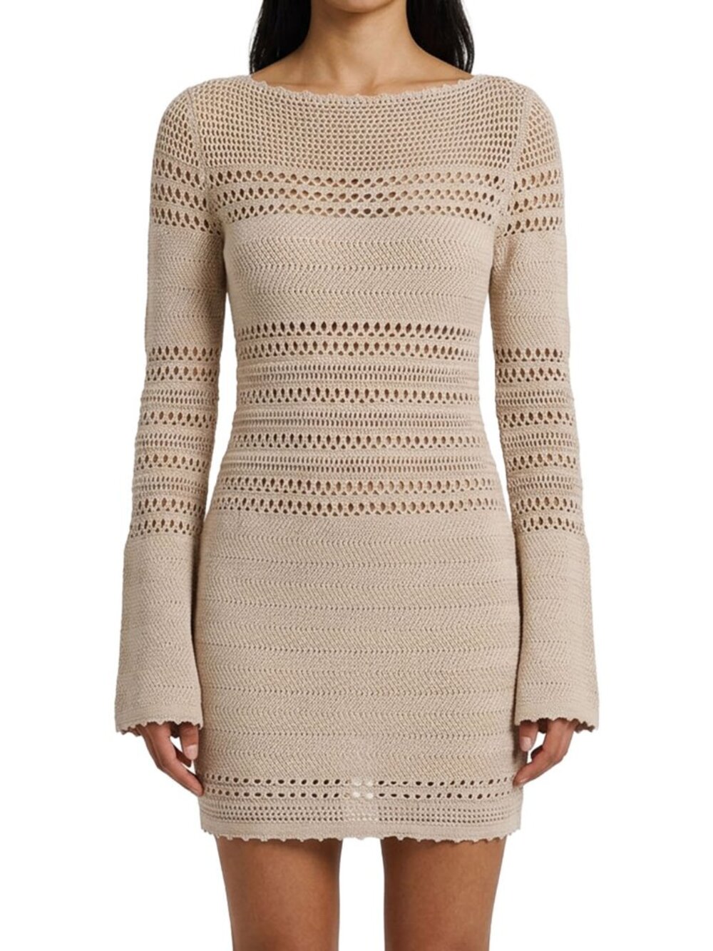 Reformation Inda Open Knit Mini Dress Birch Beige Organic Cotton XS